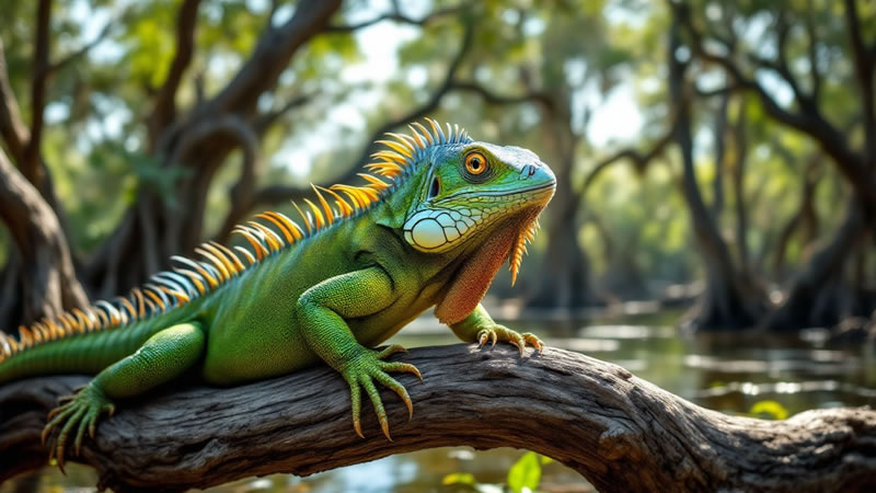 A green iguana in its natural habitat, illustrating its impact as an invasive species.