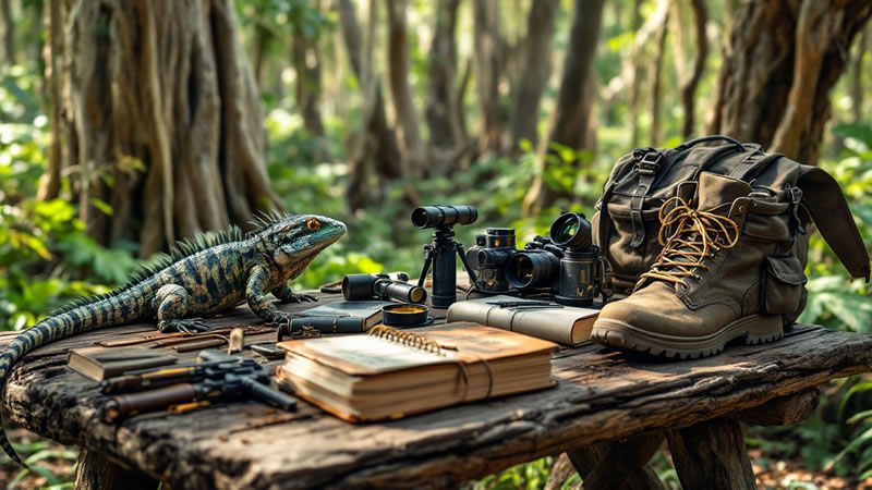 Essential gear for a successful iguana hunt displayed on a table.